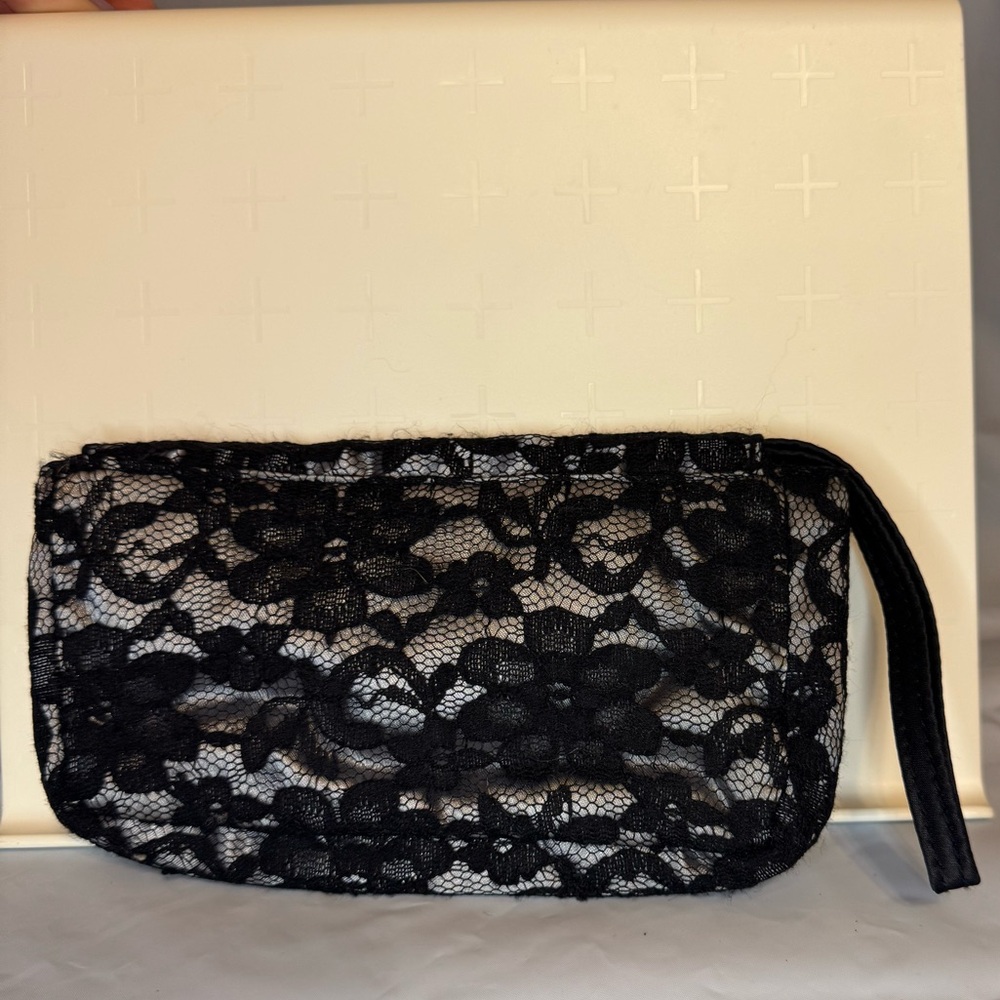 Victoria’s Secret Black Floral Lace Small Wristlet Snap Closure Strap